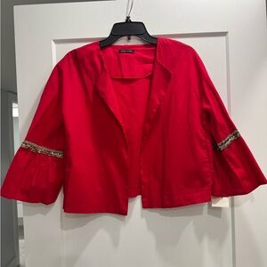 ALICE Made In Italy Red Short Open Front Jacket with Gold Accents. Size M